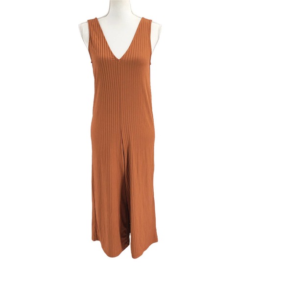 Zara Trafaluc Womens Size Small Ribbed Culotte Jumpsuit Rust Orange Blogger - Picture 1 of 10